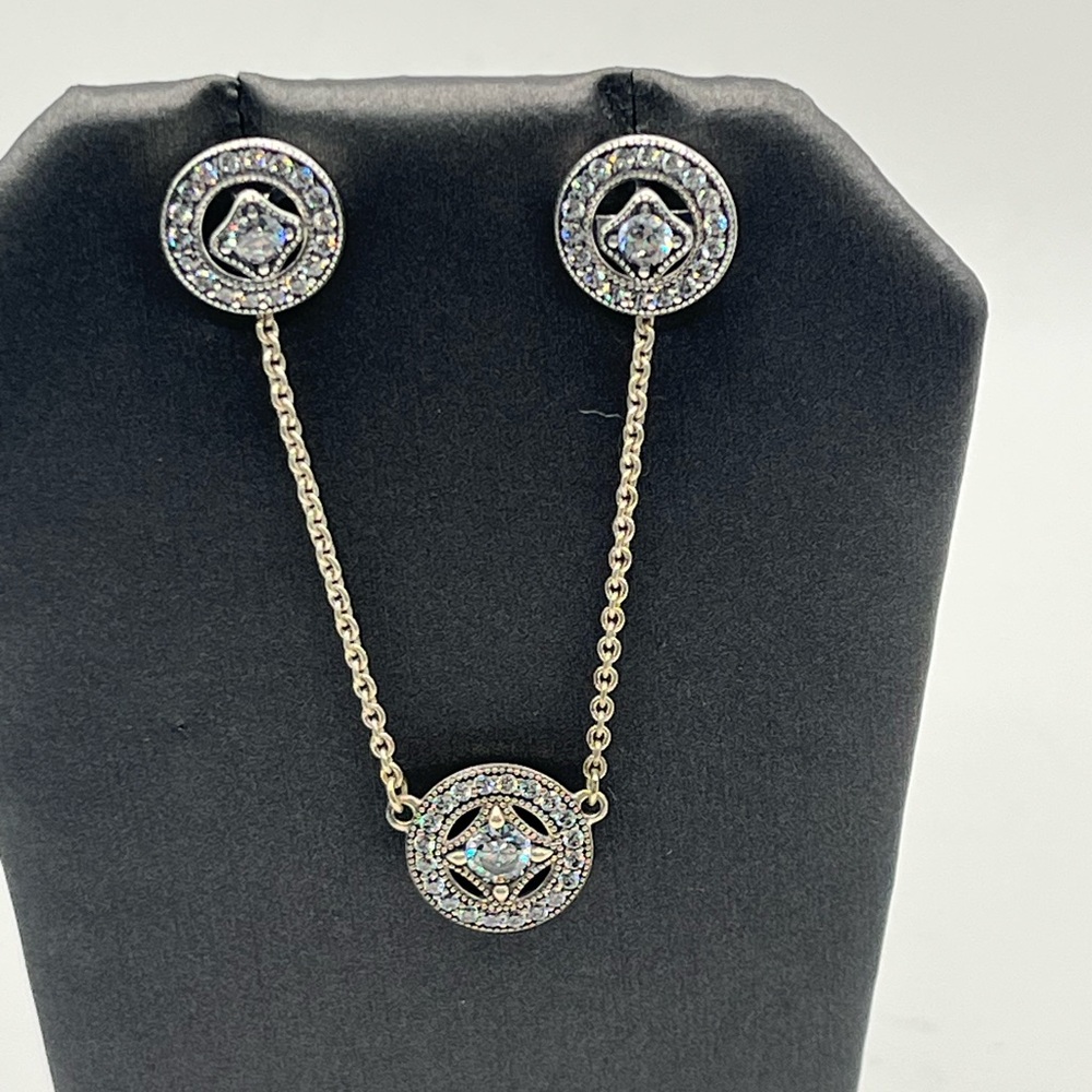 Pandora Sterling Jewelry Suite. Earrings, Necklace and Ring. Cz. - Picture 2 of 9